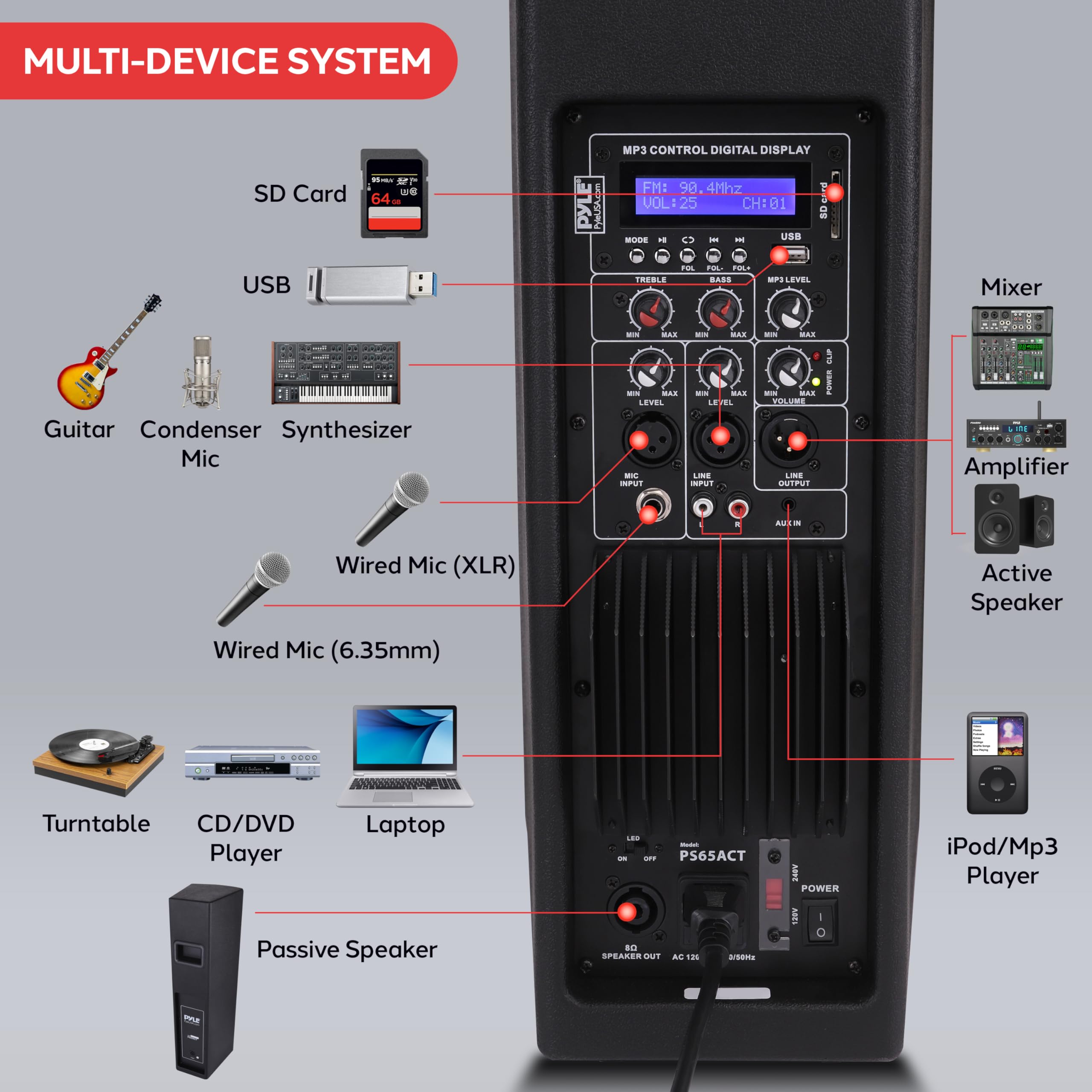 Pyle Portable Bluetooth PA Speaker System - 3-Way Active & Passive Outdoor Bluetooth Speaker Portable PA System w/ Microphone In